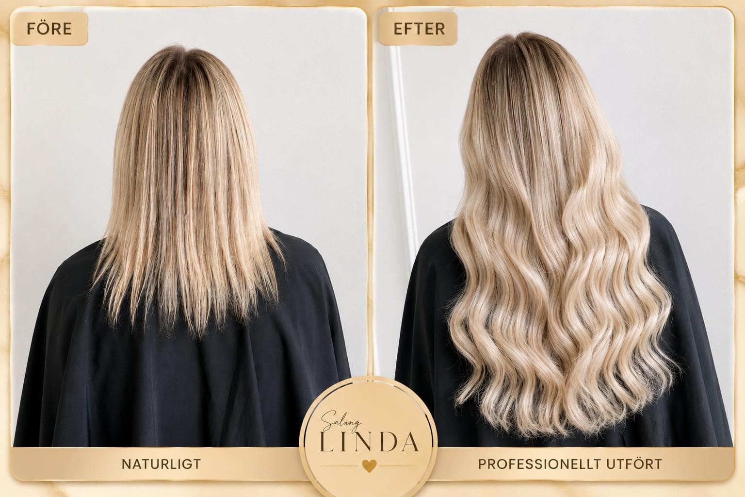 Före och efter hårförlängning med blont hår